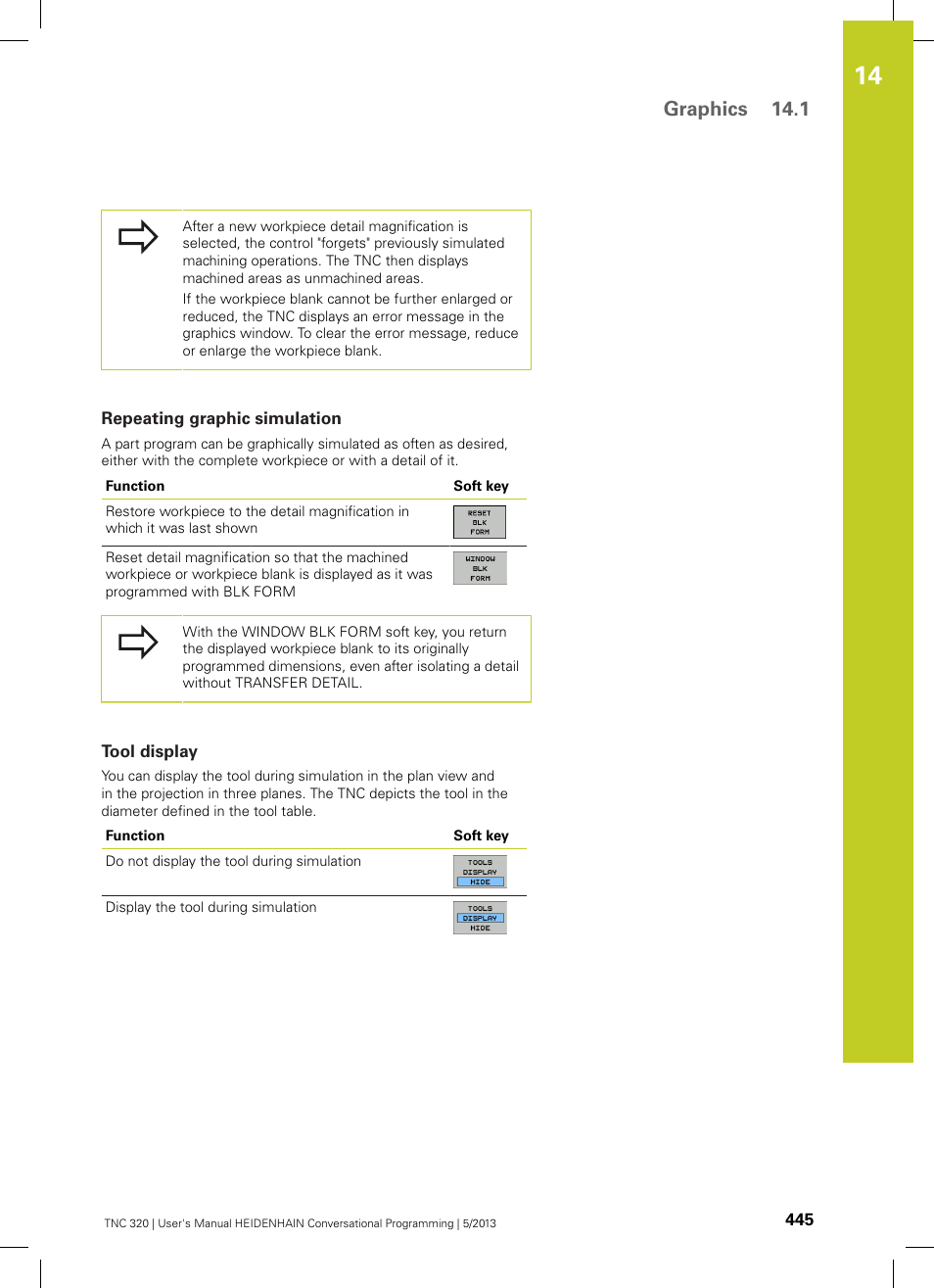 Repeating graphic simulation, Tool display, Graphics 14.1 | HEIDENHAIN TNC 320 (34055x-06) User Manual | Page 445 / 540