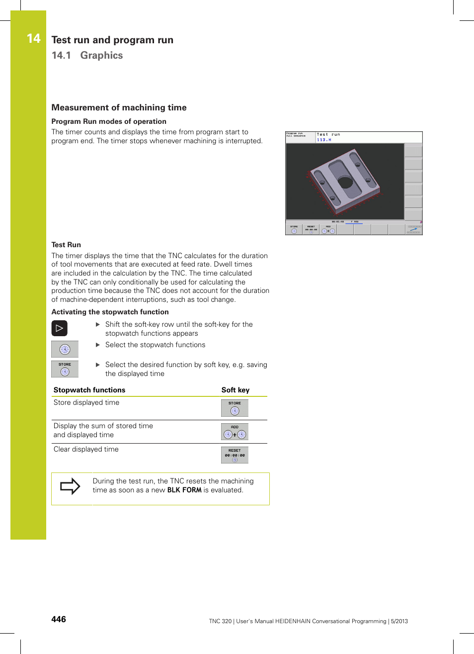 Measurement of machining time, Test run and program run 14.1 graphics | HEIDENHAIN TNC 320 (34055x-06) User Manual | Page 446 / 540