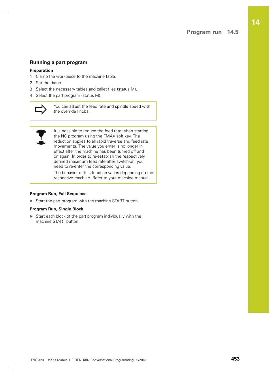 Running a part program, Program run 14.5 | HEIDENHAIN TNC 320 (34055x-06) User Manual | Page 453 / 540