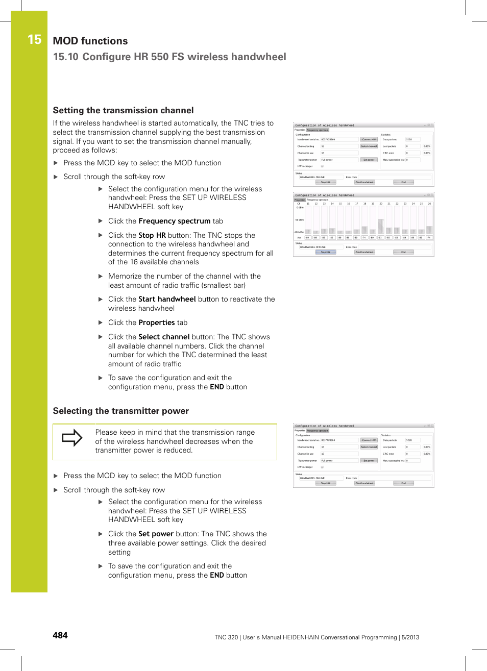 Setting the transmission channel, Selecting the transmitter power | HEIDENHAIN TNC 320 (34055x-06) User Manual | Page 484 / 540