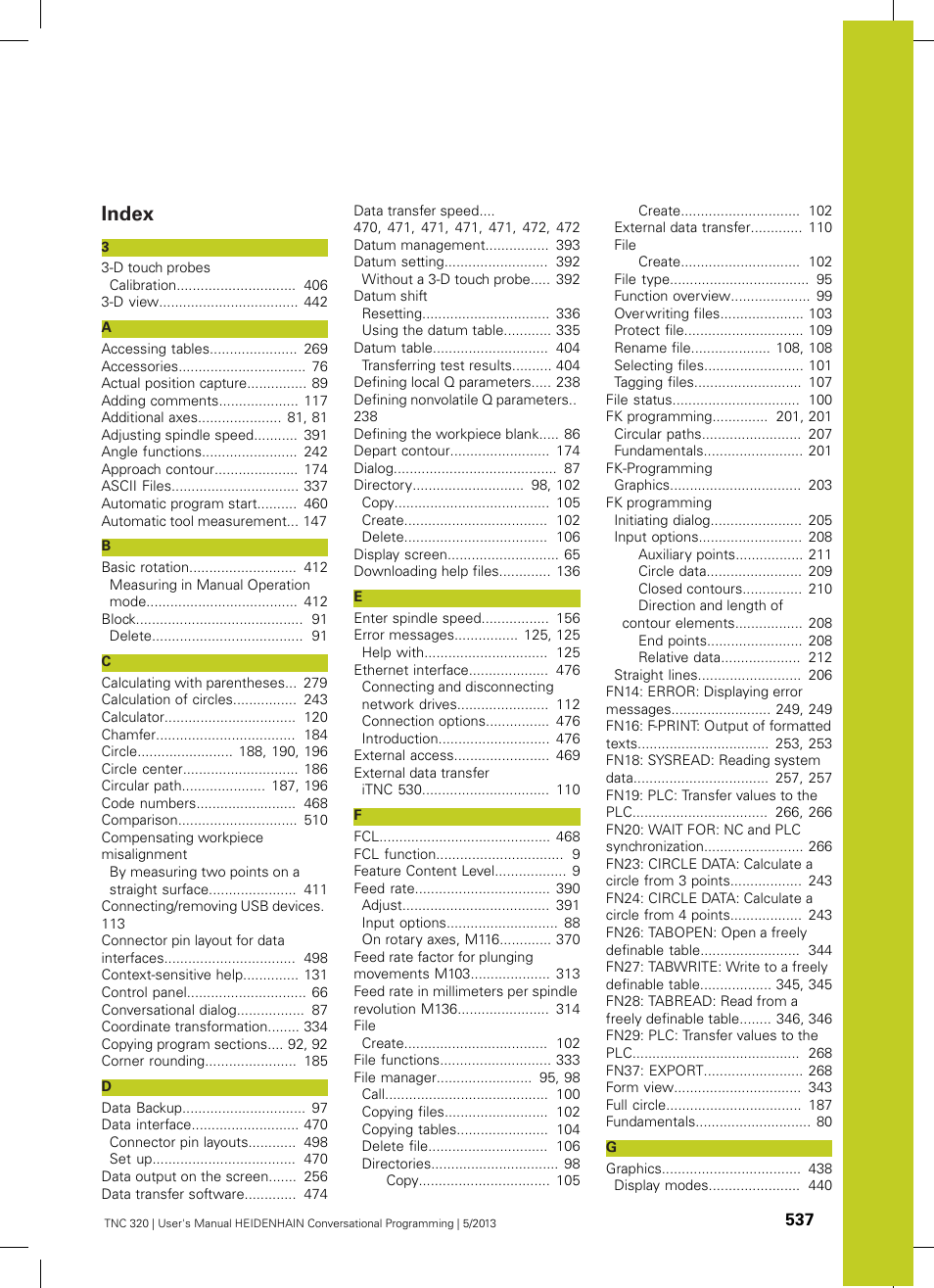 Index | HEIDENHAIN TNC 320 (34055x-06) User Manual | Page 537 / 540