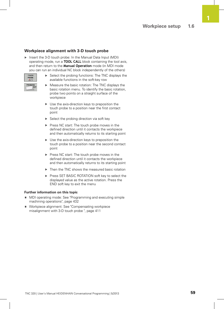 Workpiece alignment with 3-d touch probe, Workpiece setup 1.6 | HEIDENHAIN TNC 320 (34055x-06) User Manual | Page 59 / 540