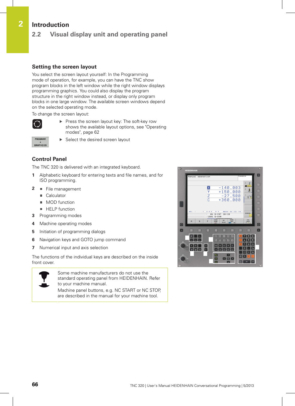 Setting the screen layout, Control panel | HEIDENHAIN TNC 320 (34055x-06) User Manual | Page 66 / 540