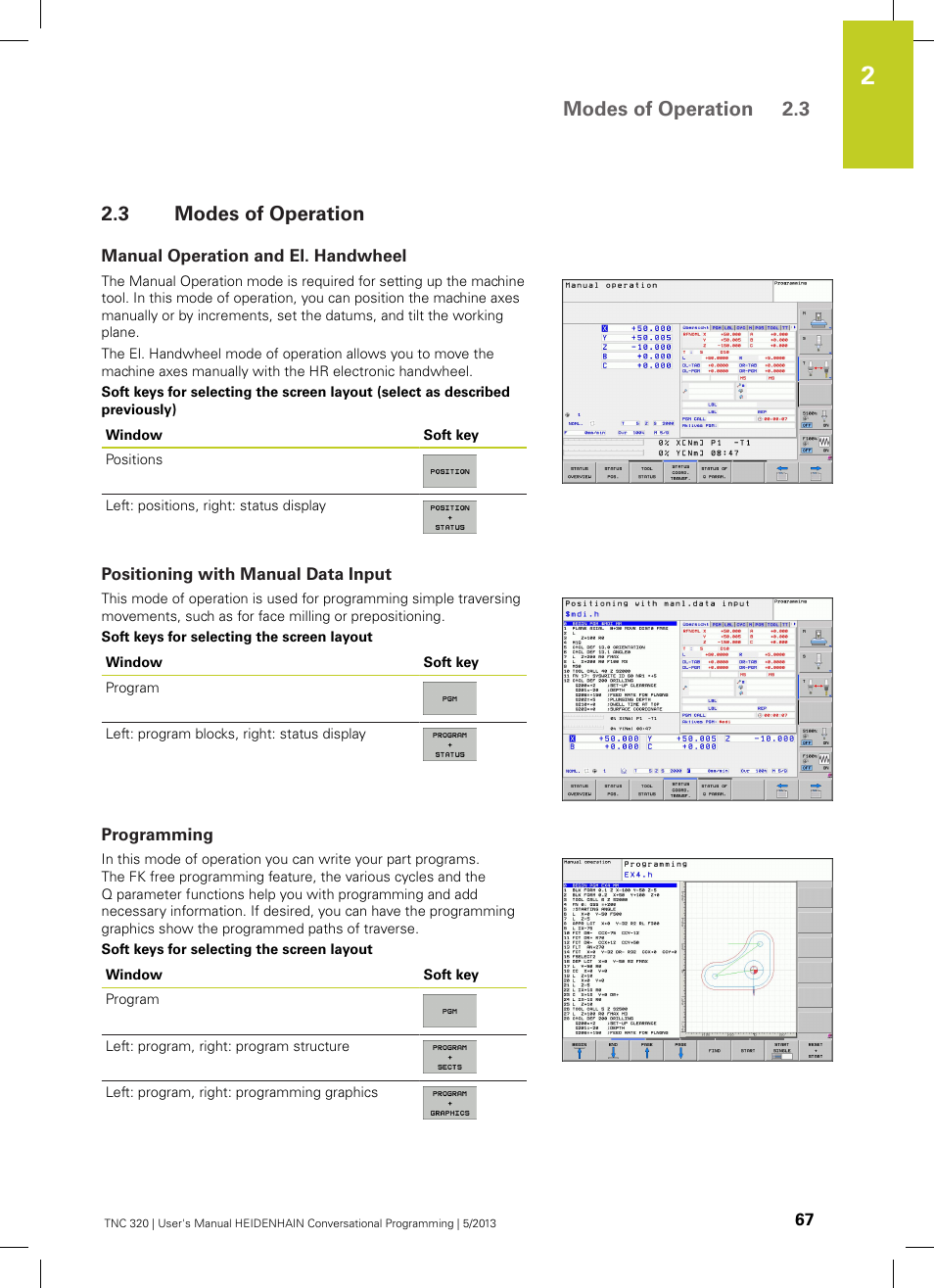 3 modes of operation, Manual operation and el. handwheel, Positioning with manual data input | Programming, Modes of operation, Modes of operation 2.3 | HEIDENHAIN TNC 320 (34055x-06) User Manual | Page 67 / 540