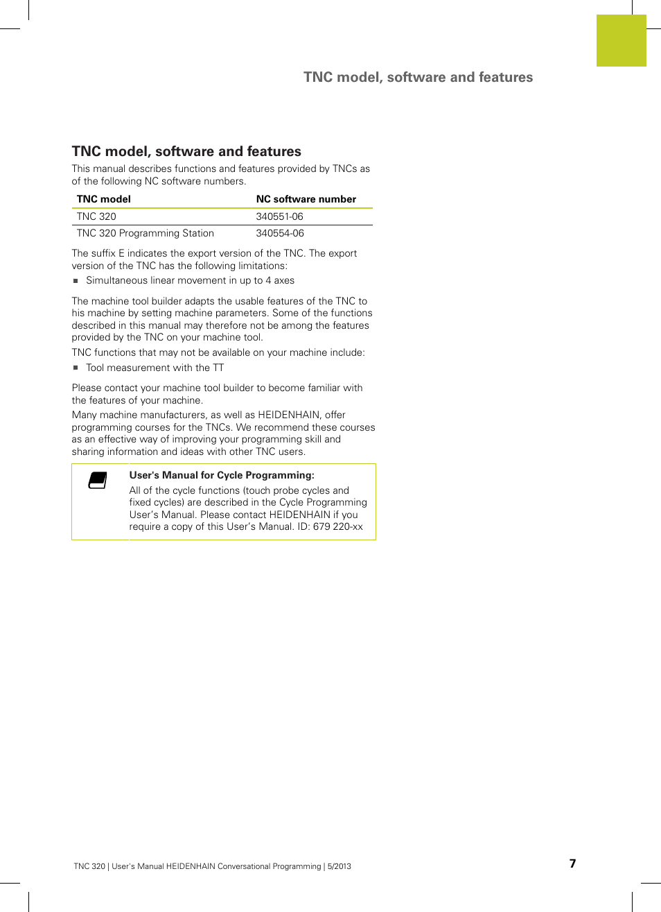 Tnc model, software and features | HEIDENHAIN TNC 320 (34055x-06) User Manual | Page 7 / 540