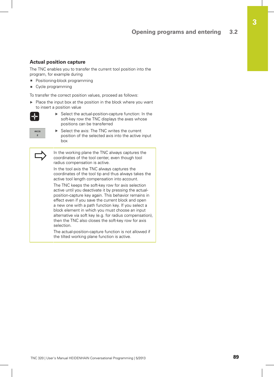 Actual position capture, Opening programs and entering 3.2 | HEIDENHAIN TNC 320 (34055x-06) User Manual | Page 89 / 540