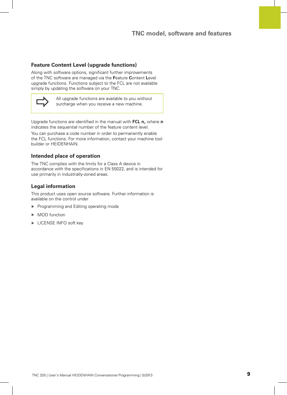 Feature content level (upgrade functions), Intended place of operation, Legal information | Tnc model, software and features | HEIDENHAIN TNC 320 (34055x-06) User Manual | Page 9 / 540