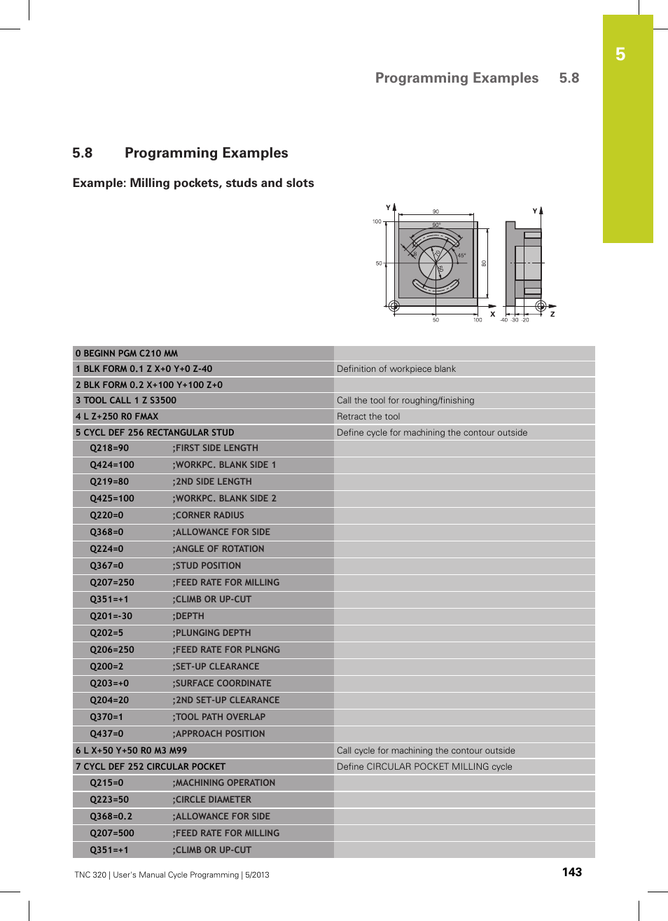 8 programming examples, Example: milling pockets, studs and slots, Programming examples | Programming examples 5.8 | HEIDENHAIN TNC 320 (34055x-06) Cycle programming User Manual | Page 143 / 403