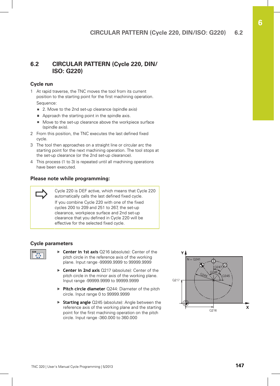 2 circular pattern (cycle 220, din/iso: g220), Cycle run, Please note while programming | Cycle parameters, Circular pattern (cycle 220, din/iso: g220) | HEIDENHAIN TNC 320 (34055x-06) Cycle programming User Manual | Page 147 / 403