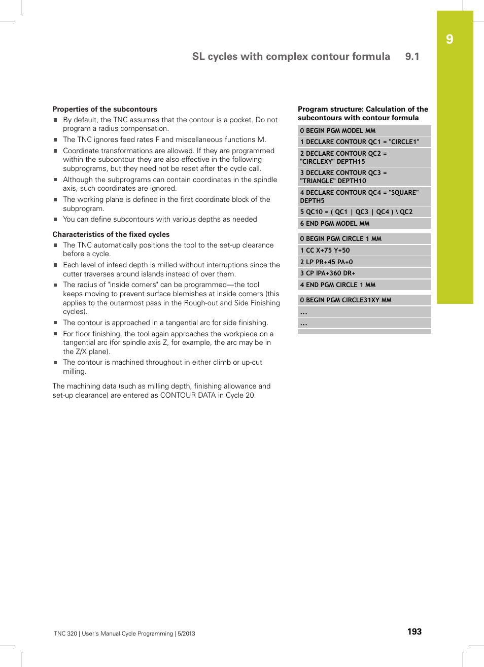 Sl cycles with complex contour formula 9.1 | HEIDENHAIN TNC 320 (34055x-06) Cycle programming User Manual | Page 193 / 403