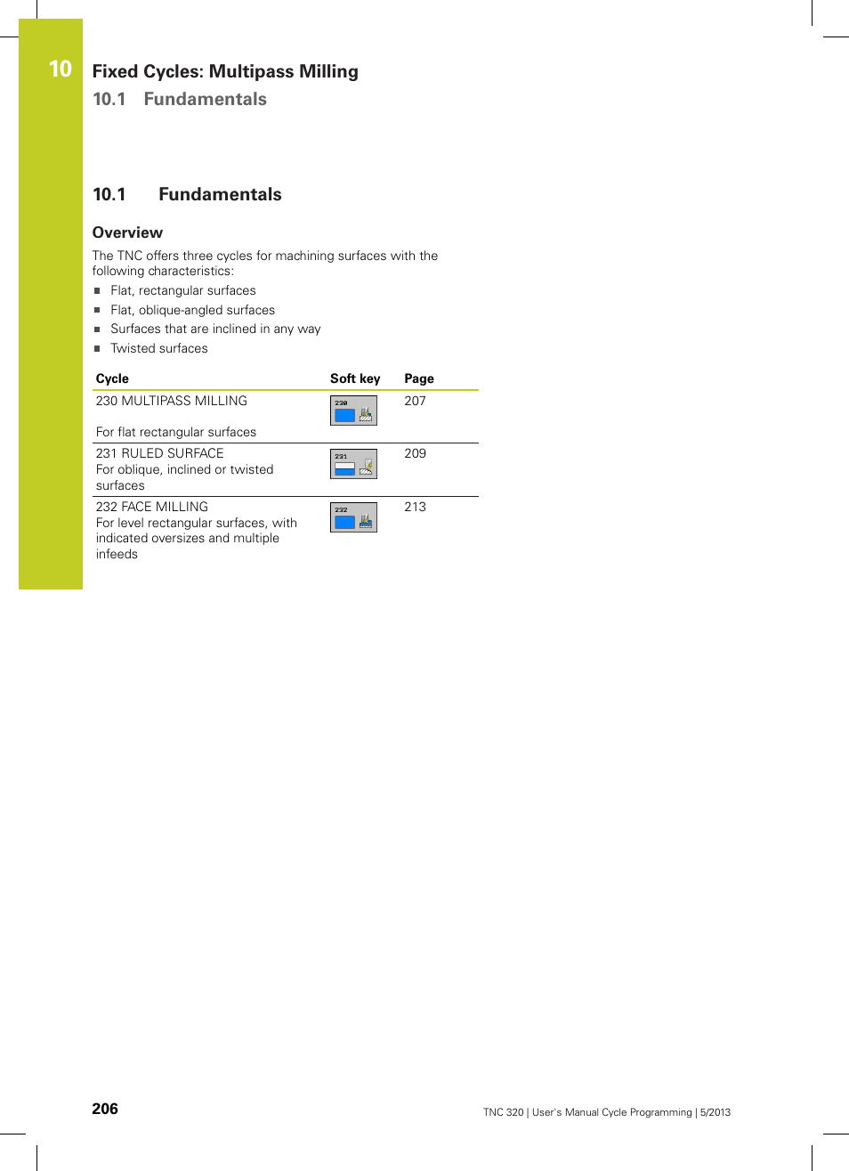 1 fundamentals, Overview, Fundamentals | Fixed cycles: multipass milling 10.1 fundamentals | HEIDENHAIN TNC 320 (34055x-06) Cycle programming User Manual | Page 206 / 403