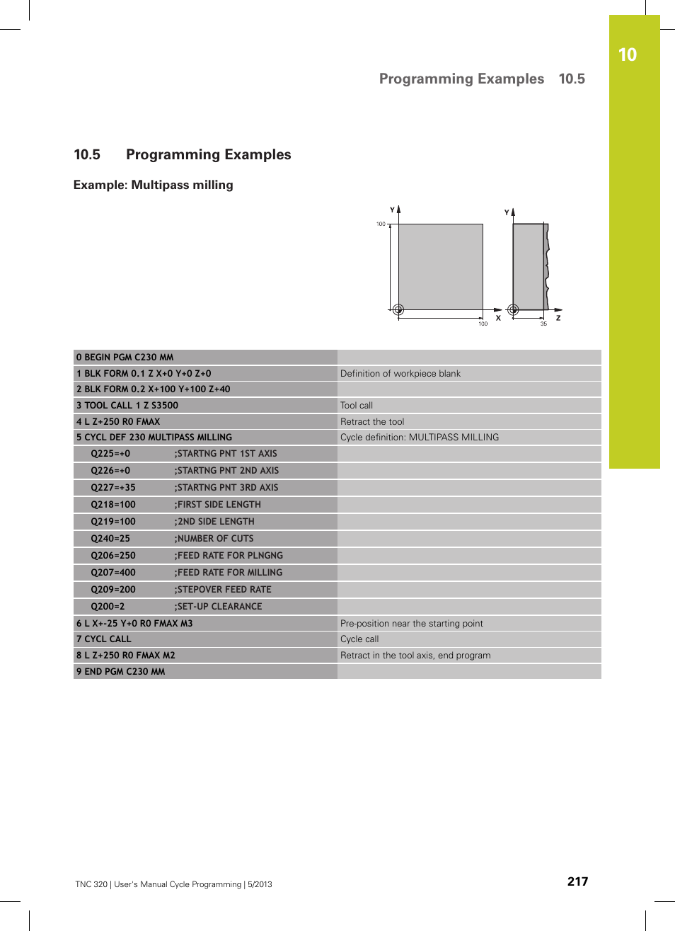 5 programming examples, Example: multipass milling, Programming examples | Programming examples 10.5 | HEIDENHAIN TNC 320 (34055x-06) Cycle programming User Manual | Page 217 / 403