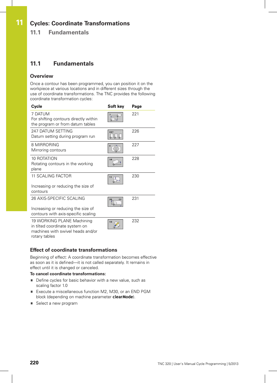 1 fundamentals, Overview, Effect of coordinate transformations | Fundamentals | HEIDENHAIN TNC 320 (34055x-06) Cycle programming User Manual | Page 220 / 403