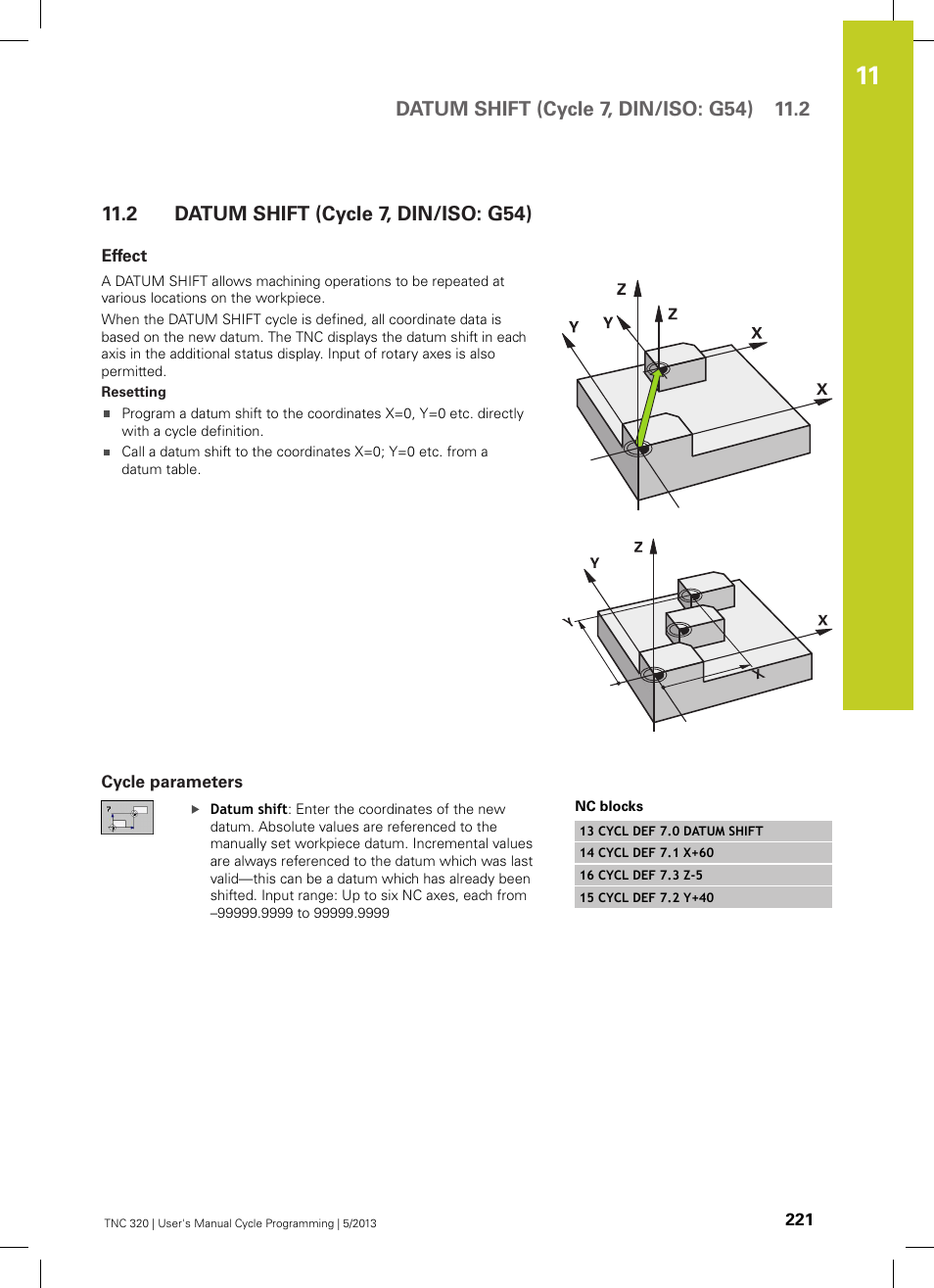 2 datum shift (cycle 7, din/iso: g54), Effect, Cycle parameters | Datum shift (cycle 7, din/iso: g54) | HEIDENHAIN TNC 320 (34055x-06) Cycle programming User Manual | Page 221 / 403