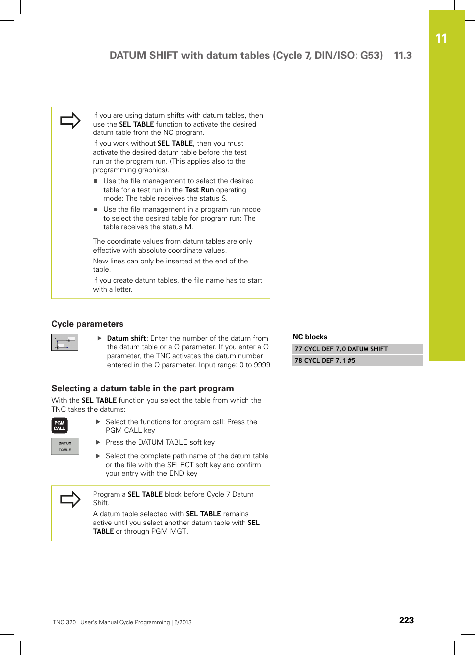 Cycle parameters, Selecting a datum table in the part program | HEIDENHAIN TNC 320 (34055x-06) Cycle programming User Manual | Page 223 / 403