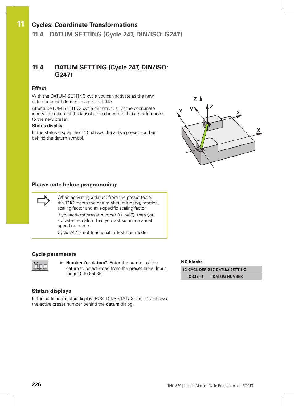 4 datum setting (cycle 247, din/iso: g247), Effect, Please note before programming | Cycle parameters, Status displays, Datum setting (cycle 247, din/iso: g247) | HEIDENHAIN TNC 320 (34055x-06) Cycle programming User Manual | Page 226 / 403