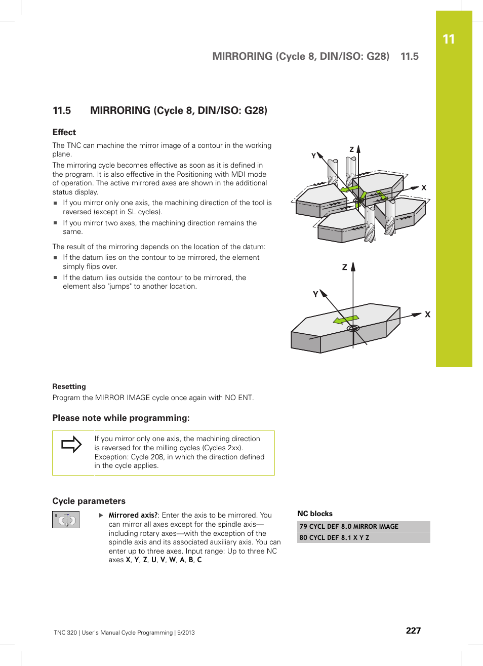 5 mirroring (cycle 8, din/iso: g28), Effect, Please note while programming | Cycle parameters, Mirroring (cycle 8, din/iso: g28) | HEIDENHAIN TNC 320 (34055x-06) Cycle programming User Manual | Page 227 / 403