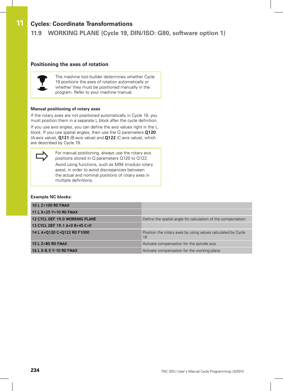 Positioning the axes of rotation, Example nc blocks | HEIDENHAIN TNC 320 (34055x-06) Cycle programming User Manual | Page 234 / 403