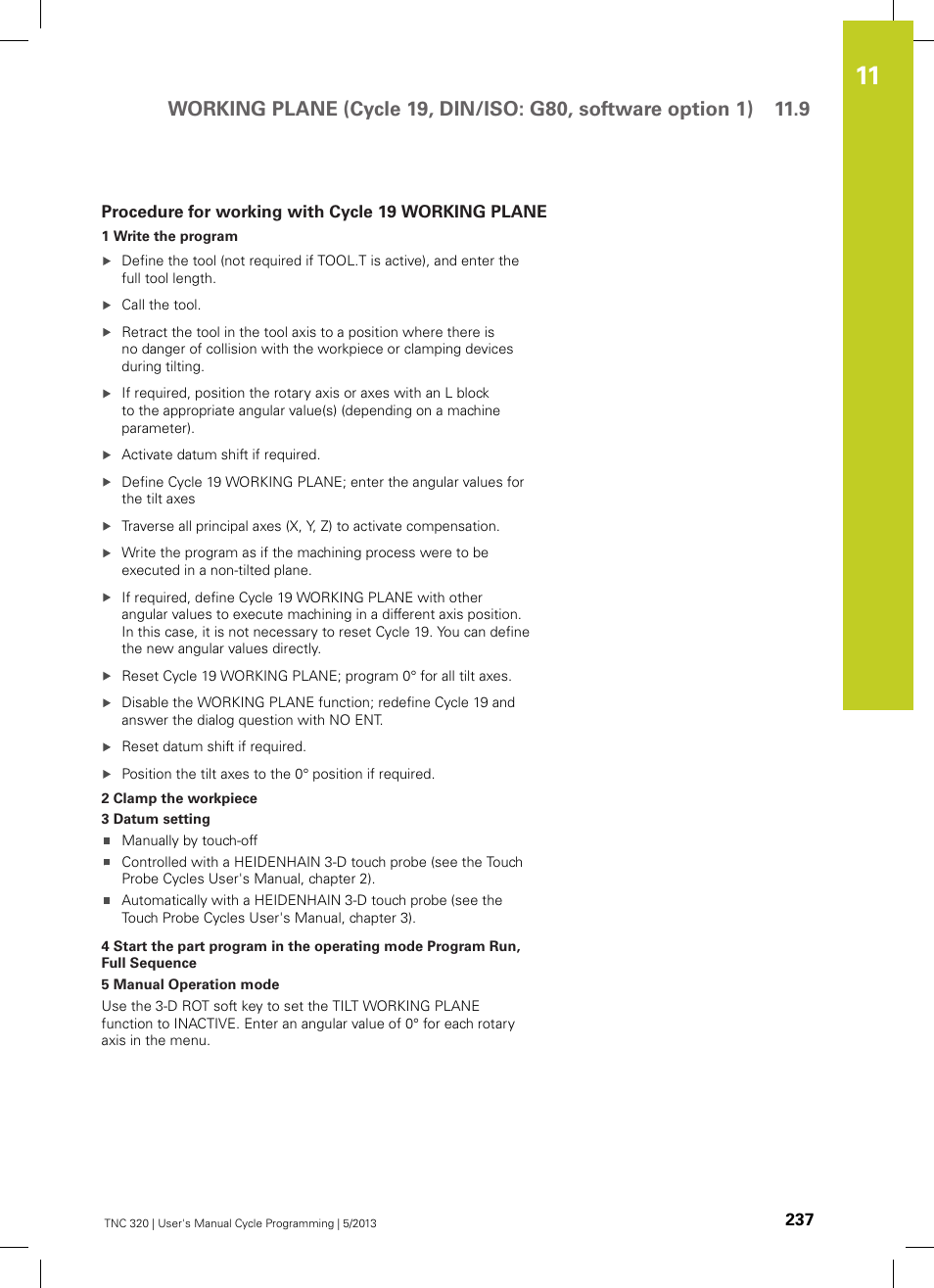 Procedure for working with cycle 19 working plane | HEIDENHAIN TNC 320 (34055x-06) Cycle programming User Manual | Page 237 / 403