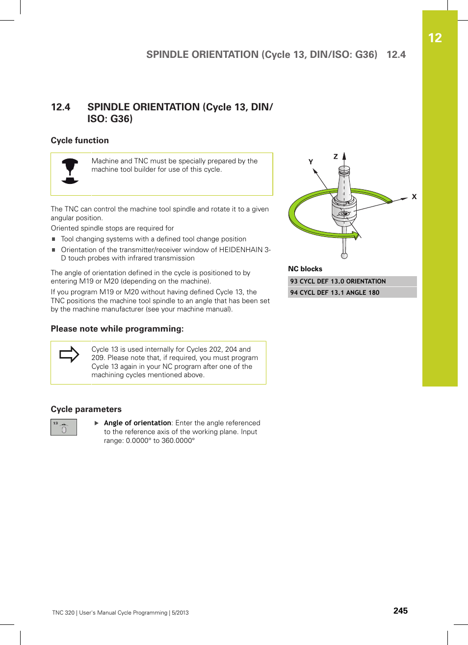 4 spindle orientation (cycle 13, din/iso: g36), Cycle function, Please note while programming | Cycle parameters, Spindle orientation (cycle 13, din/iso: g36) | HEIDENHAIN TNC 320 (34055x-06) Cycle programming User Manual | Page 245 / 403