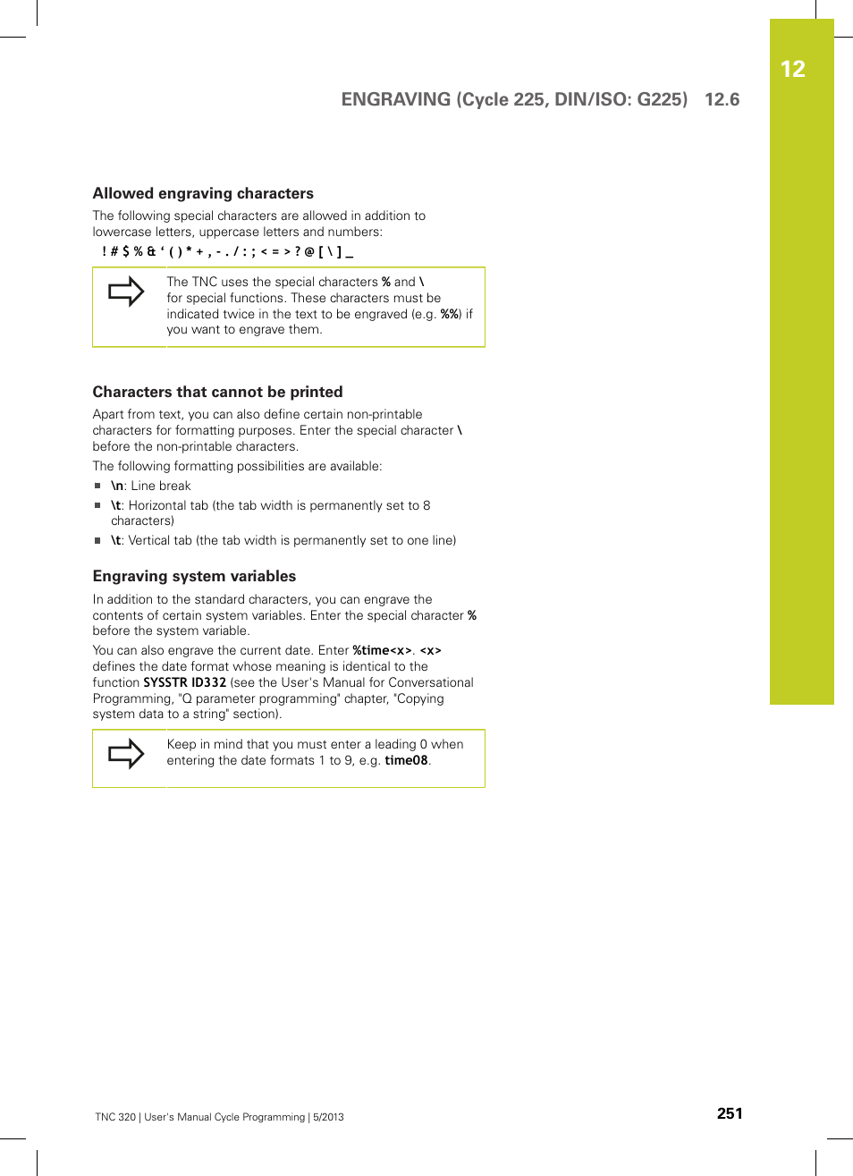 Allowed engraving characters, Characters that cannot be printed, Engraving system variables | HEIDENHAIN TNC 320 (34055x-06) Cycle programming User Manual | Page 251 / 403