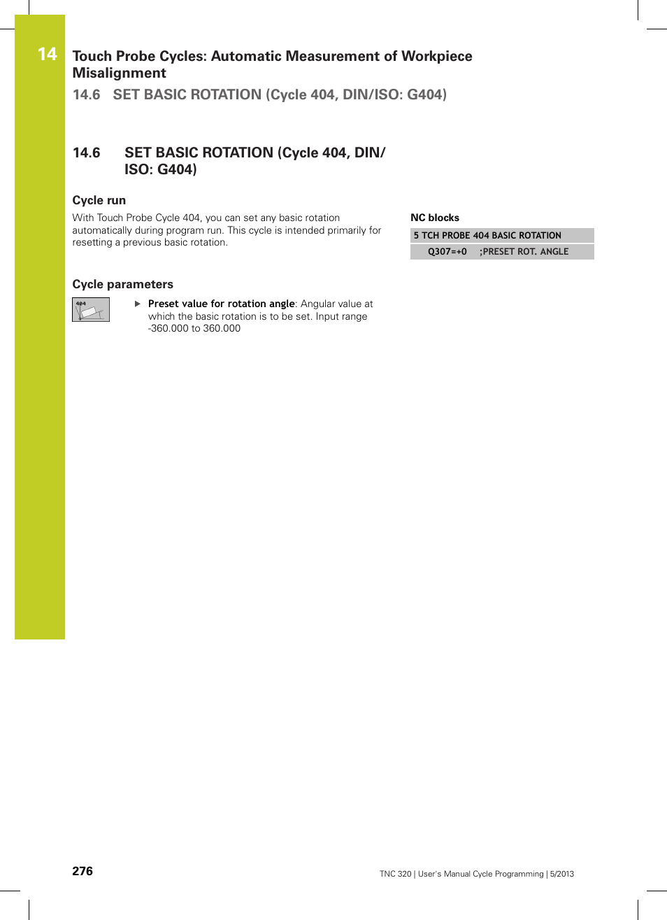 6 set basic rotation (cycle 404, din/iso: g404), Cycle run, Cycle parameters | Set basic rotation (cycle 404, din/iso: g404) | HEIDENHAIN TNC 320 (34055x-06) Cycle programming User Manual | Page 276 / 403