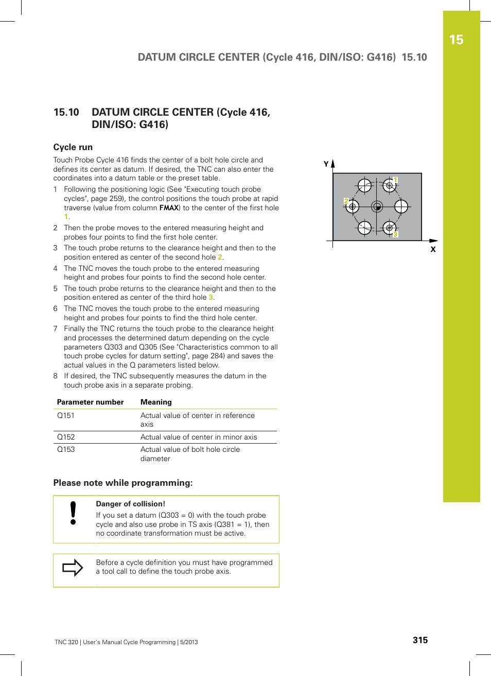 10 datum circle center (cycle 416, din/iso: g416), Cycle run, Please note while programming | Datum circle center (cycle 416, din/iso: g416) | HEIDENHAIN TNC 320 (34055x-06) Cycle programming User Manual | Page 315 / 403