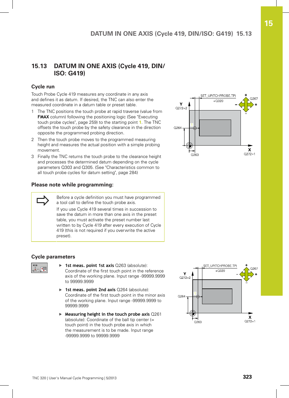 13 datum in one axis (cycle 419, din/iso: g419), Cycle run, Please note while programming | Cycle parameters, Datum in one axis (cycle 419, din/iso: g419) | HEIDENHAIN TNC 320 (34055x-06) Cycle programming User Manual | Page 323 / 403