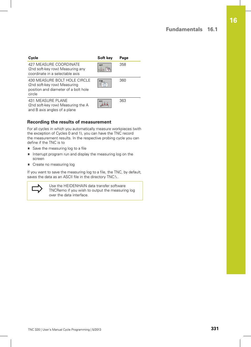 Recording the results of measurement, Fundamentals 16.1 | HEIDENHAIN TNC 320 (34055x-06) Cycle programming User Manual | Page 331 / 403