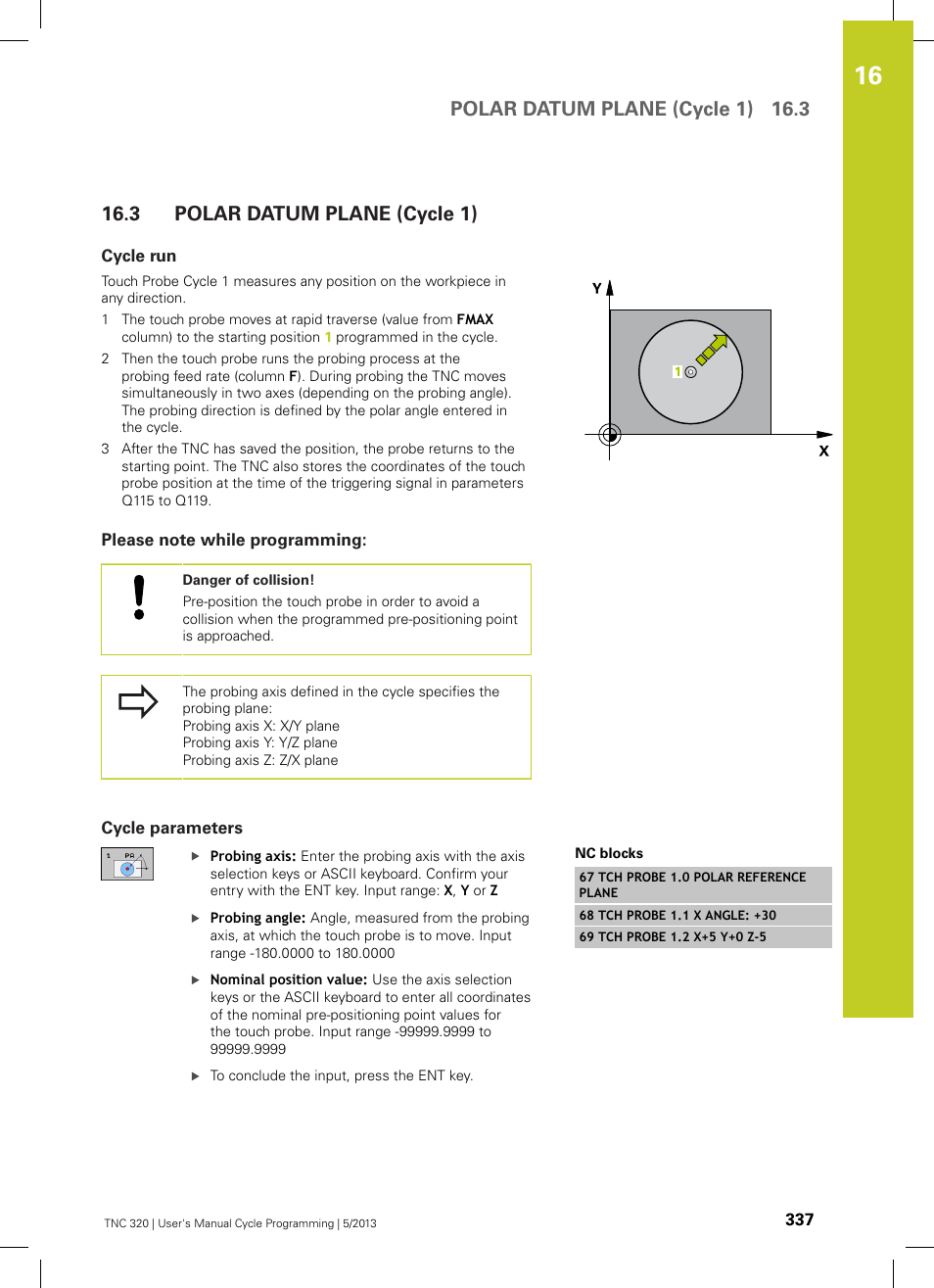 3 polar datum plane (cycle 1), Cycle run, Please note while programming | Cycle parameters, Polar datum plane (cycle 1), Polar datum plane (cycle 1) 16.3 | HEIDENHAIN TNC 320 (34055x-06) Cycle programming User Manual | Page 337 / 403