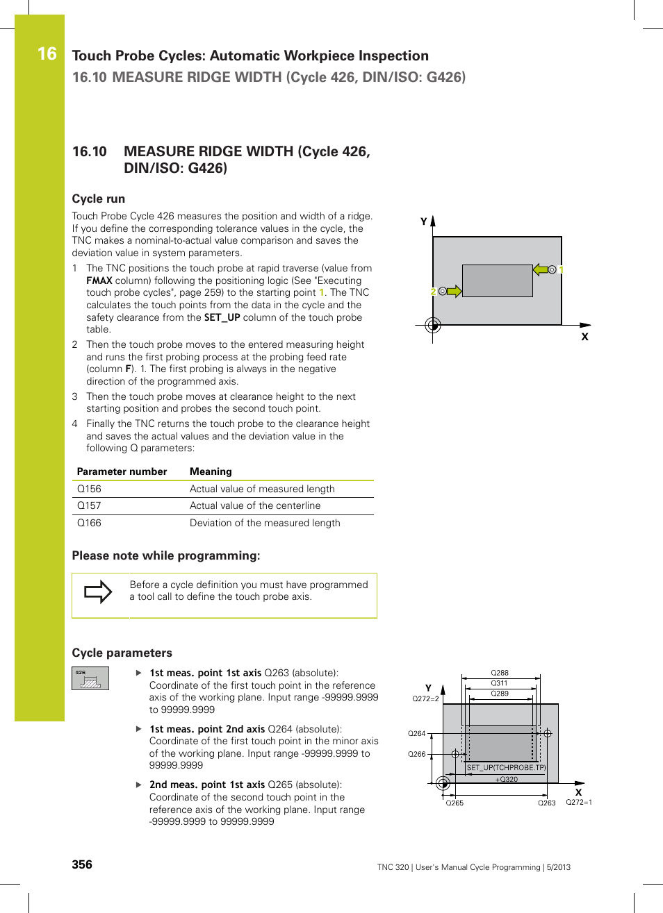 10 measure ridge width (cycle 426, din/iso: g426), Cycle run, Please note while programming | Cycle parameters, Measure ridge width (cycle 426, din/iso: g426) | HEIDENHAIN TNC 320 (34055x-06) Cycle programming User Manual | Page 356 / 403