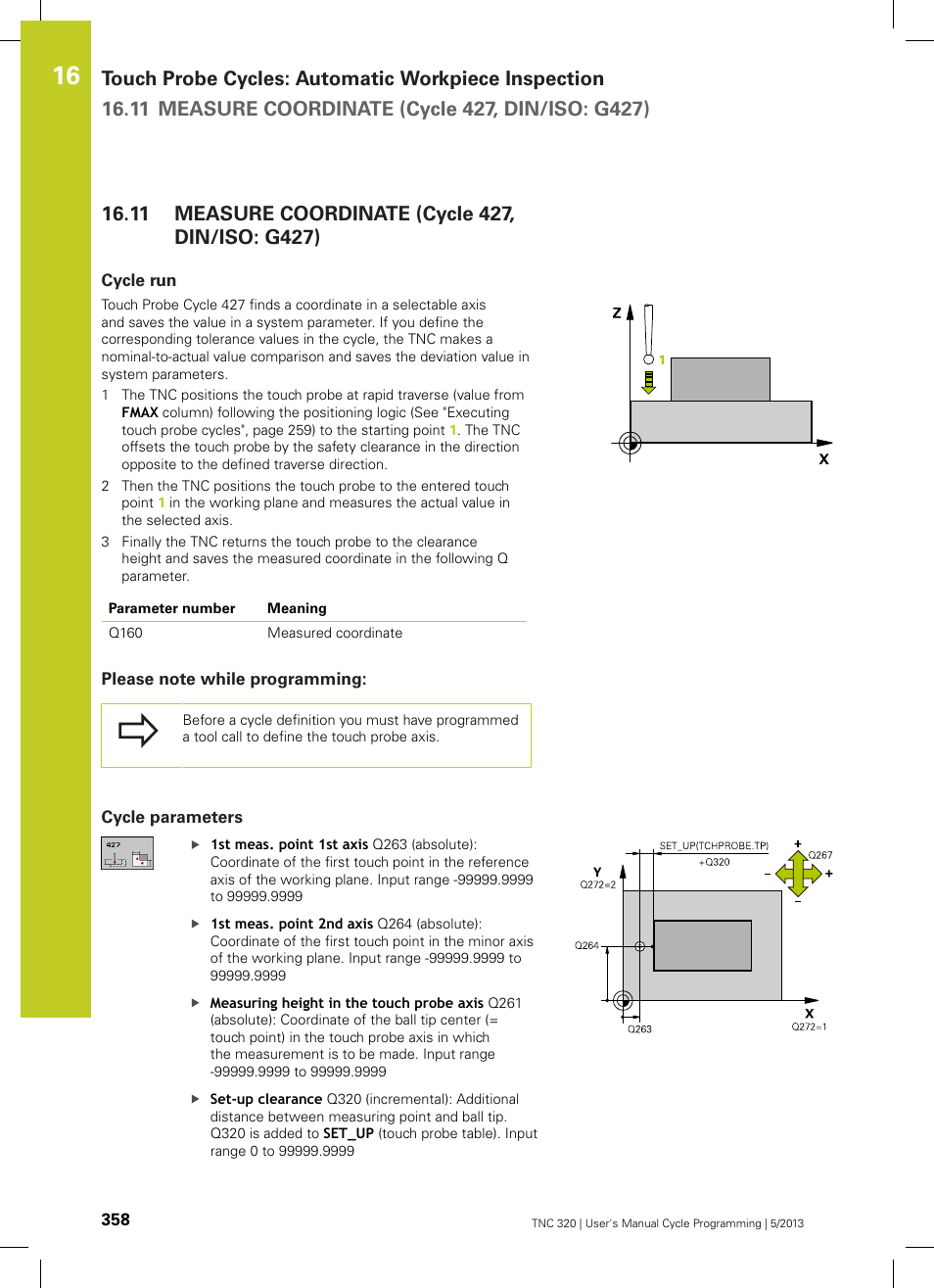 11 measure coordinate (cycle 427, din/iso: g427), Cycle run, Please note while programming | Cycle parameters, Measure coordinate (cycle 427, din/iso: g427) | HEIDENHAIN TNC 320 (34055x-06) Cycle programming User Manual | Page 358 / 403