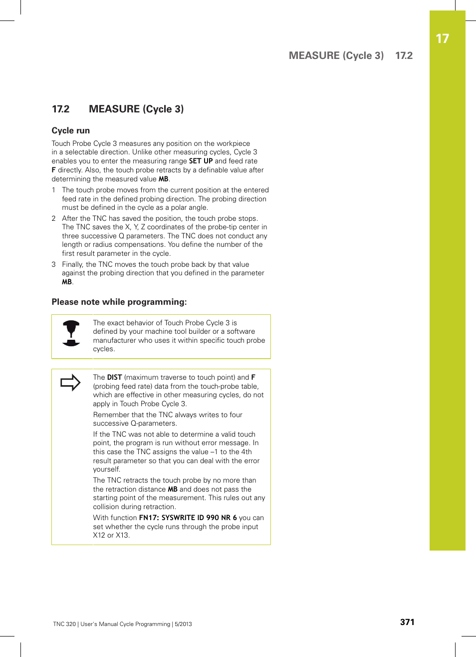 2 measure (cycle 3), Cycle run, Please note while programming | Measure (cycle 3), Measure (cycle 3) 17.2 | HEIDENHAIN TNC 320 (34055x-06) Cycle programming User Manual | Page 371 / 403