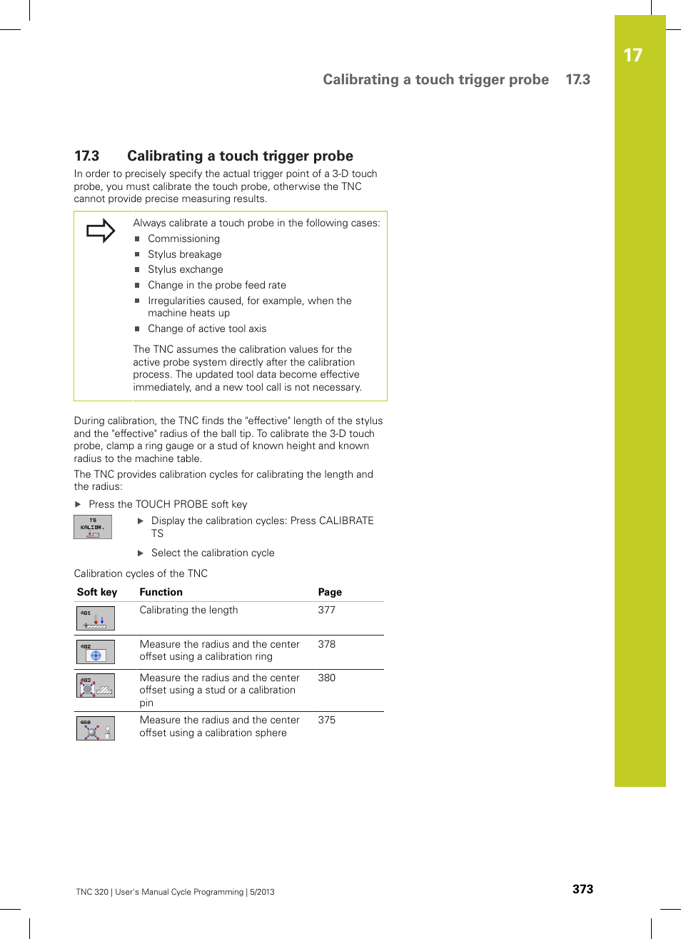 3 calibrating a touch trigger probe, Calibrating a touch trigger probe, Calibrating a touch trigger probe 17.3 | HEIDENHAIN TNC 320 (34055x-06) Cycle programming User Manual | Page 373 / 403