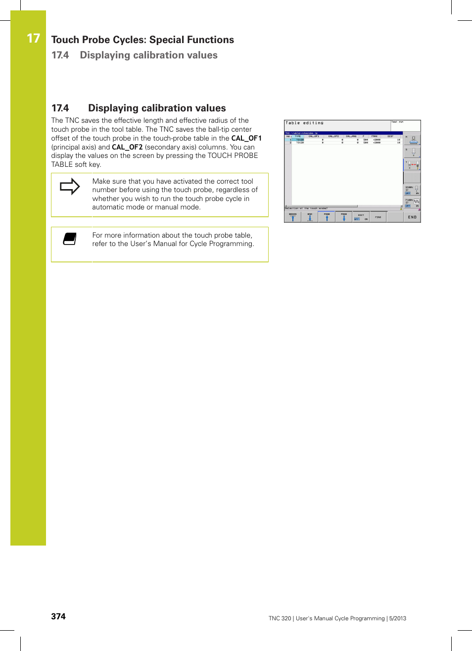 4 displaying calibration values, Displaying calibration values | HEIDENHAIN TNC 320 (34055x-06) Cycle programming User Manual | Page 374 / 403