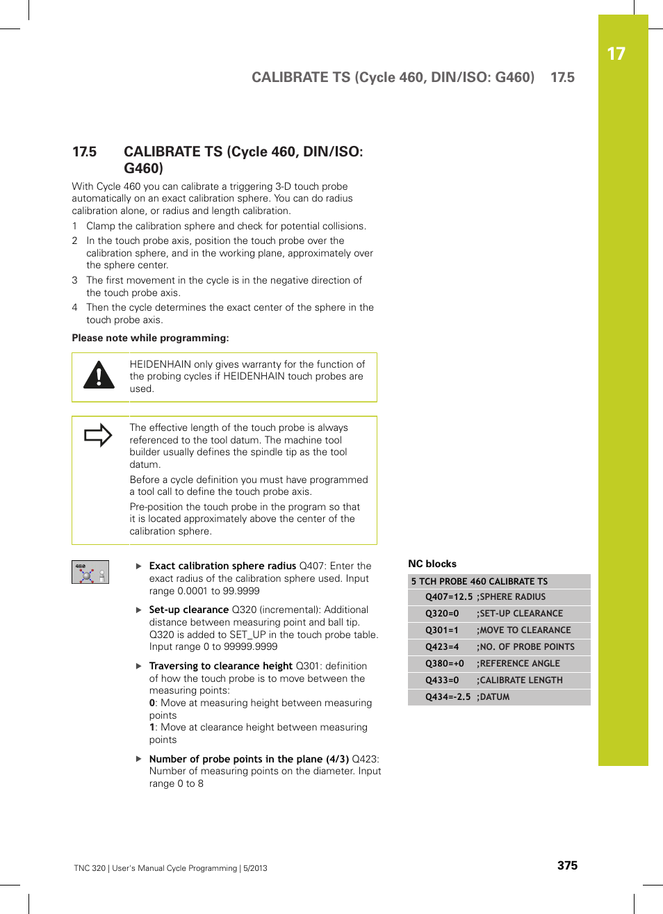 5 calibrate ts (cycle 460, din/iso: g460), Calibrate ts (cycle 460, din/iso: g460) | HEIDENHAIN TNC 320 (34055x-06) Cycle programming User Manual | Page 375 / 403