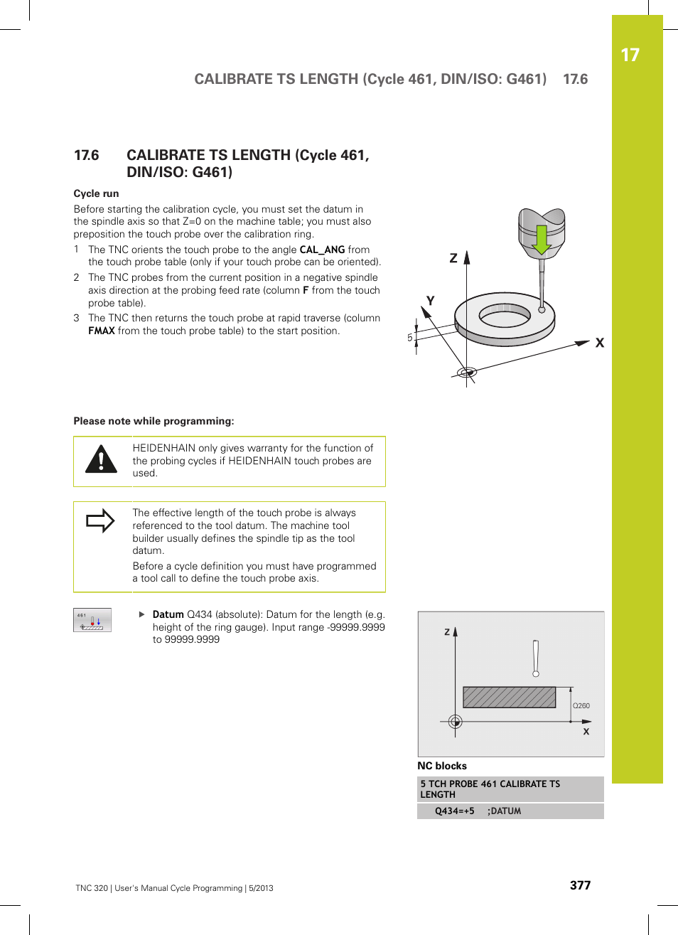 6 calibrate ts length (cycle 461, din/iso: g461), Calibrate ts length (cycle 461, din/iso: g461) | HEIDENHAIN TNC 320 (34055x-06) Cycle programming User Manual | Page 377 / 403