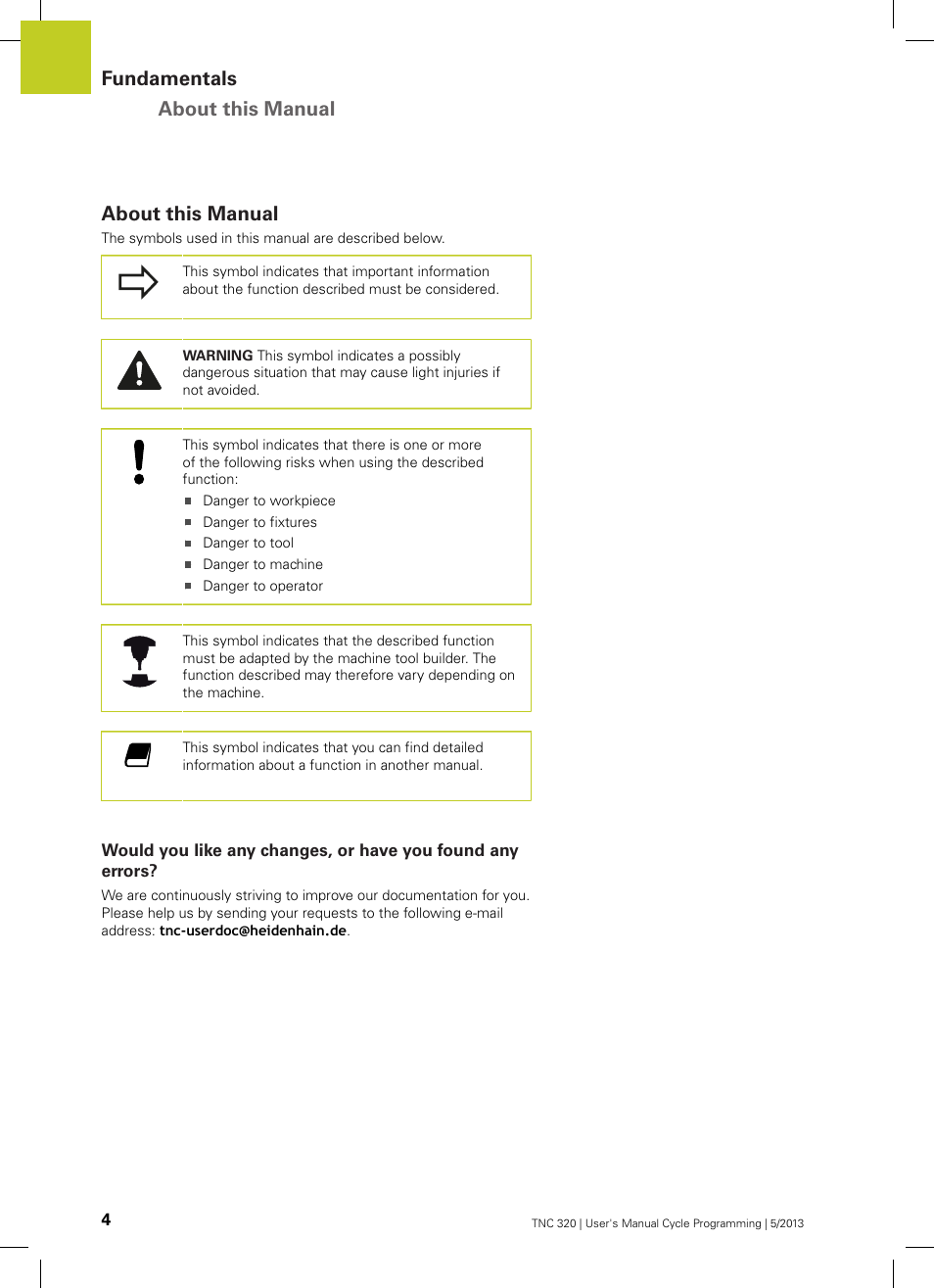 About this manual, Fundamentals about this manual | HEIDENHAIN TNC 320 (34055x-06) Cycle programming User Manual | Page 4 / 403