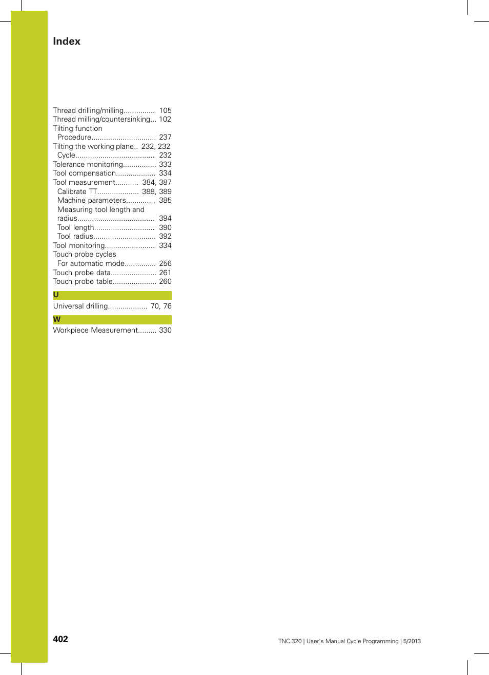 Index | HEIDENHAIN TNC 320 (34055x-06) Cycle programming User Manual | Page 402 / 403