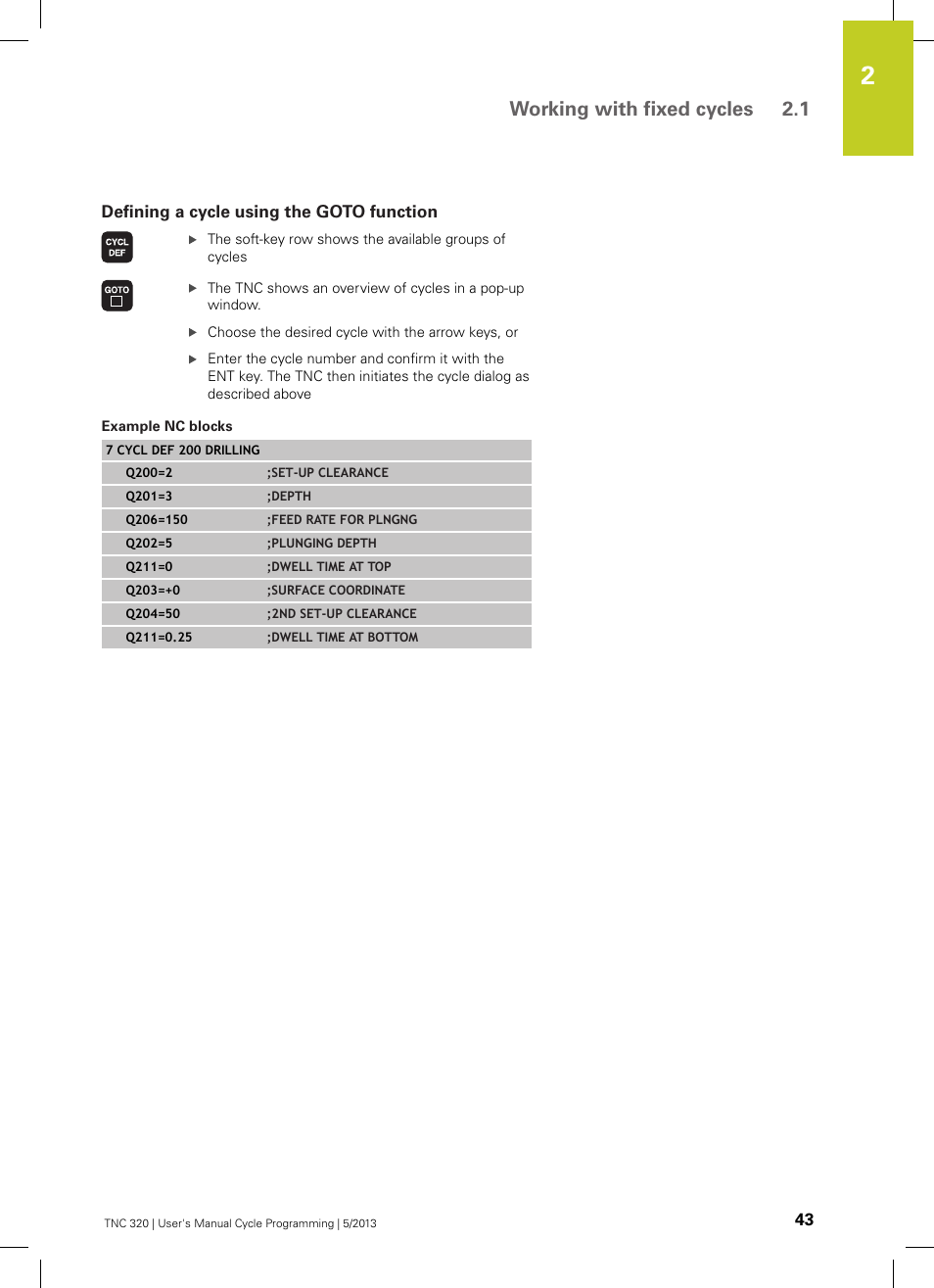 Defining a cycle using the goto function, Example nc blocks, Working with fixed cycles 2.1 | HEIDENHAIN TNC 320 (34055x-06) Cycle programming User Manual | Page 43 / 403