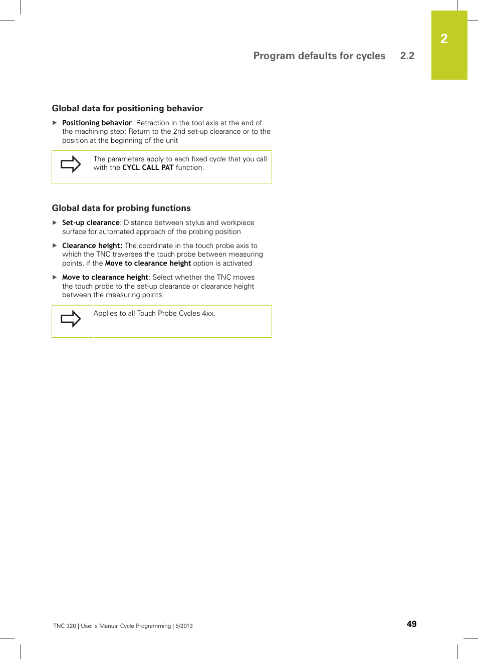 Global data for positioning behavior, Global data for probing functions, Program defaults for cycles 2.2 | HEIDENHAIN TNC 320 (34055x-06) Cycle programming User Manual | Page 49 / 403