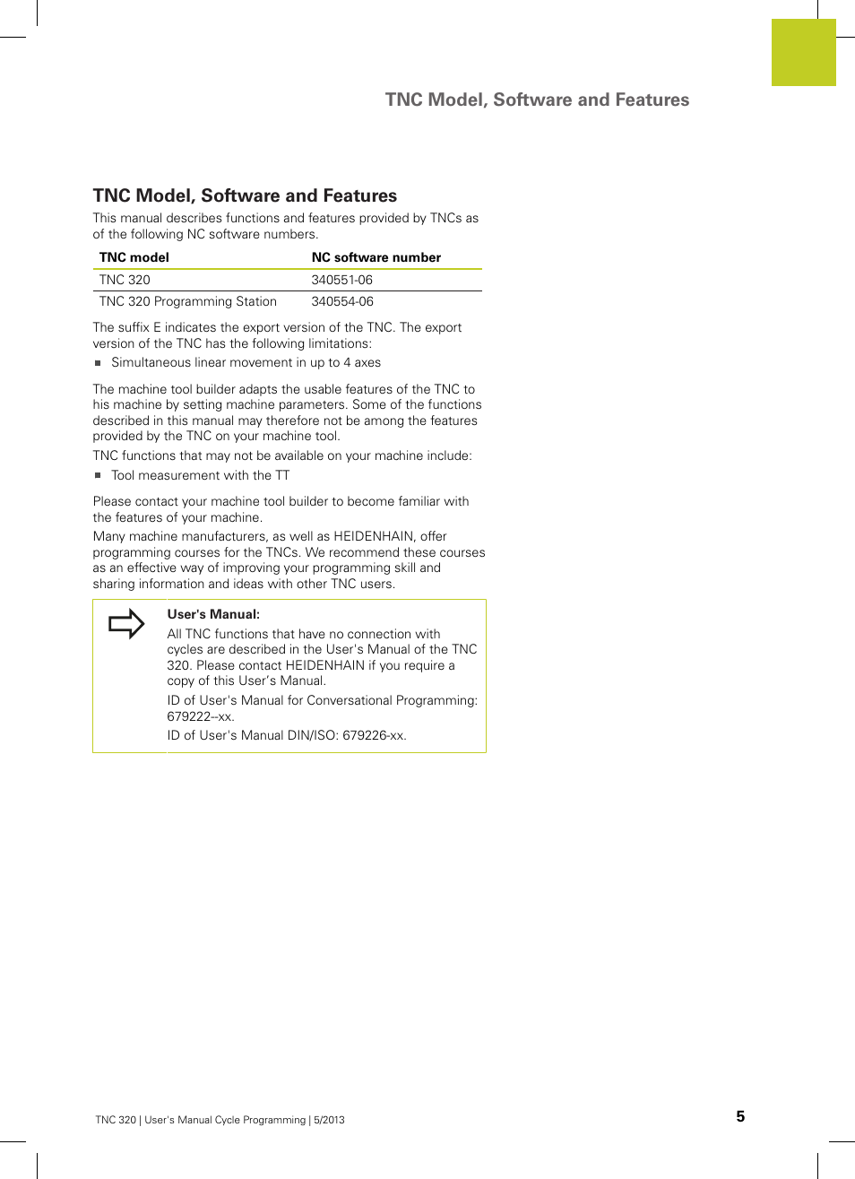 Tnc model, software and features | HEIDENHAIN TNC 320 (34055x-06) Cycle programming User Manual | Page 5 / 403