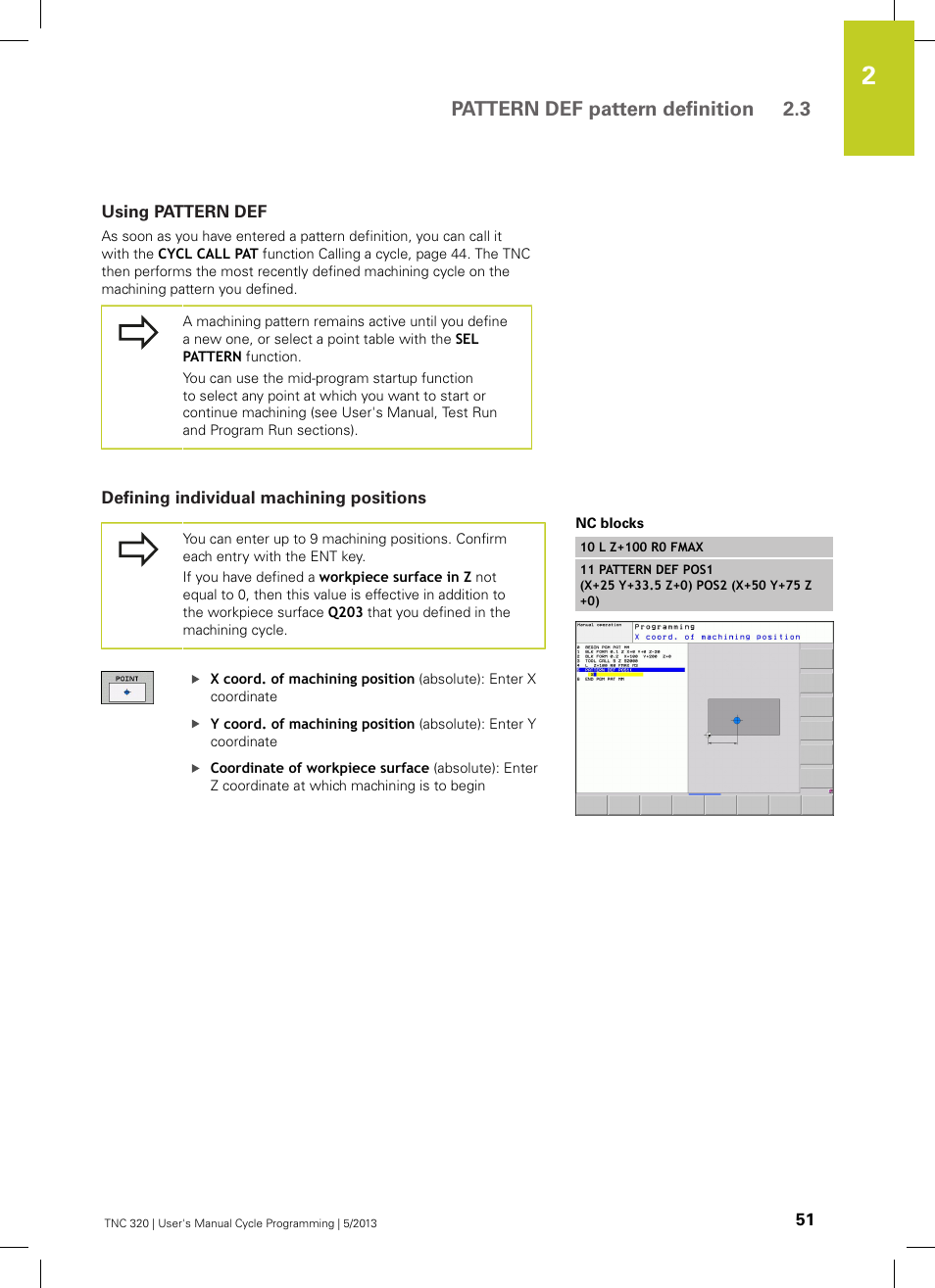 Using pattern def, Defining individual machining positions, Pattern def pattern definition 2.3 | HEIDENHAIN TNC 320 (34055x-06) Cycle programming User Manual | Page 51 / 403