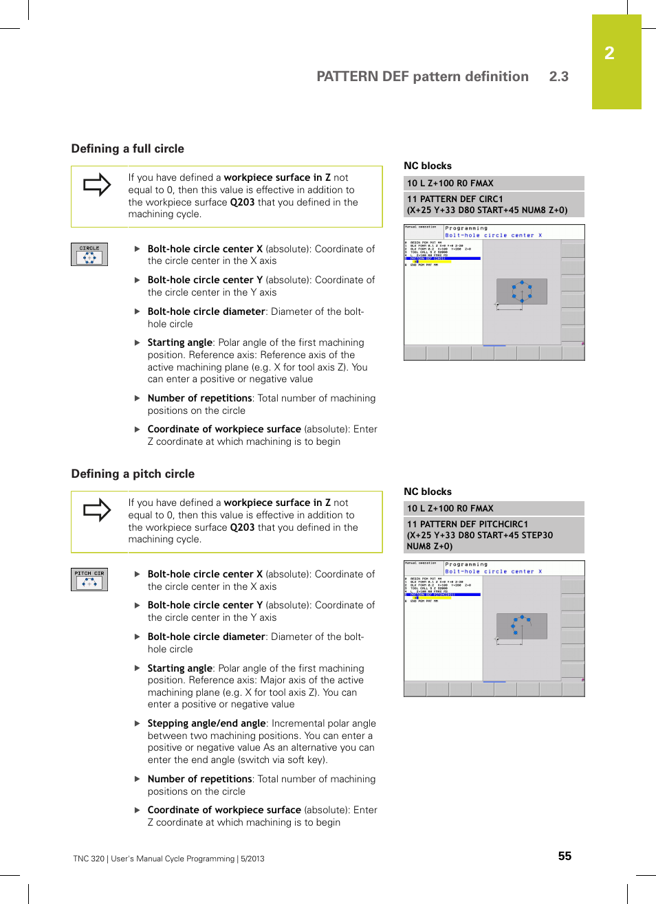Defining a full circle, Defining a pitch circle, Pattern def pattern definition 2.3 | HEIDENHAIN TNC 320 (34055x-06) Cycle programming User Manual | Page 55 / 403