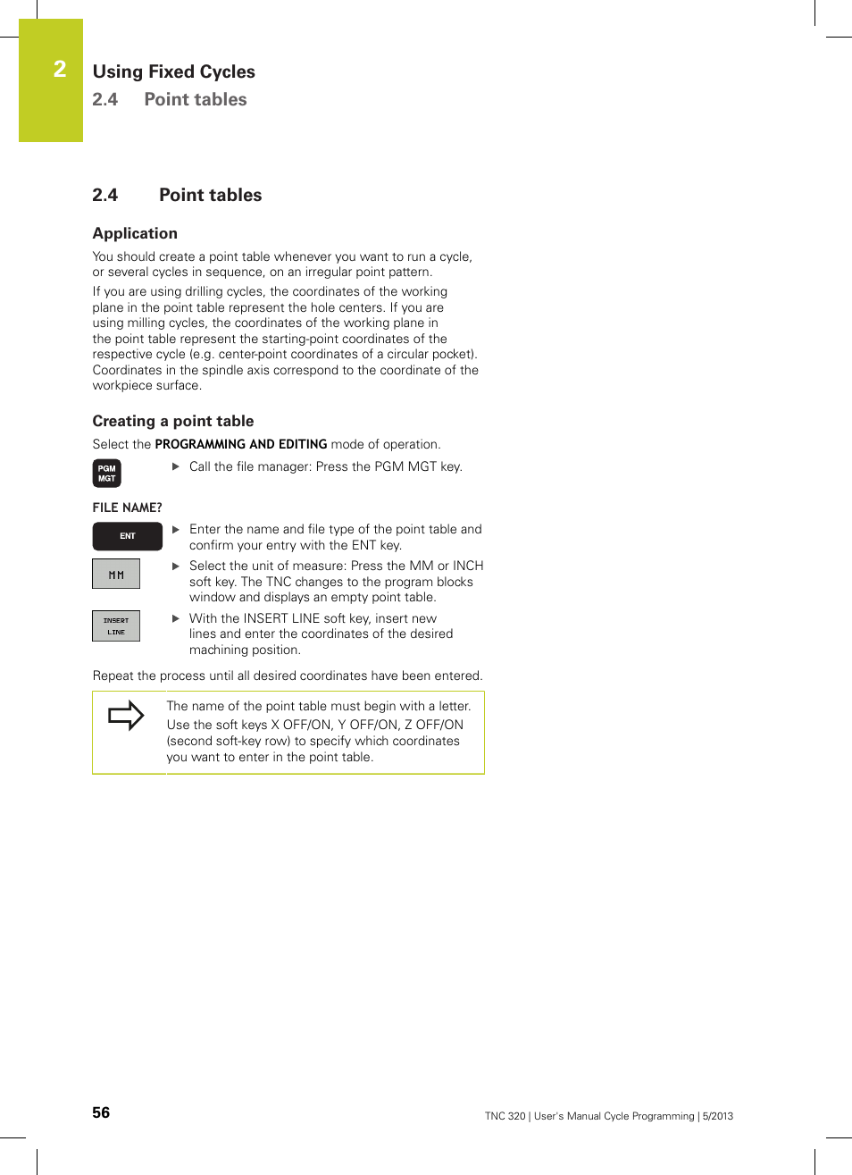 4 point tables, Application, Creating a point table | Point tables, Using fixed cycles 2.4 point tables | HEIDENHAIN TNC 320 (34055x-06) Cycle programming User Manual | Page 56 / 403