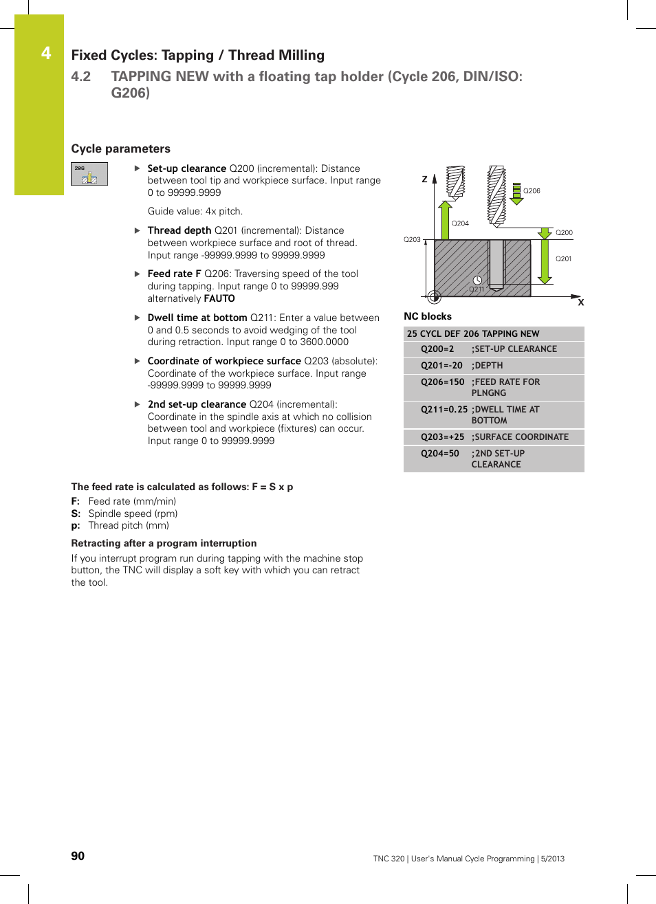 Cycle parameters, The feed rate is calculated as follows: f = s x p, Retracting after a program interruption | HEIDENHAIN TNC 320 (34055x-06) Cycle programming User Manual | Page 90 / 403