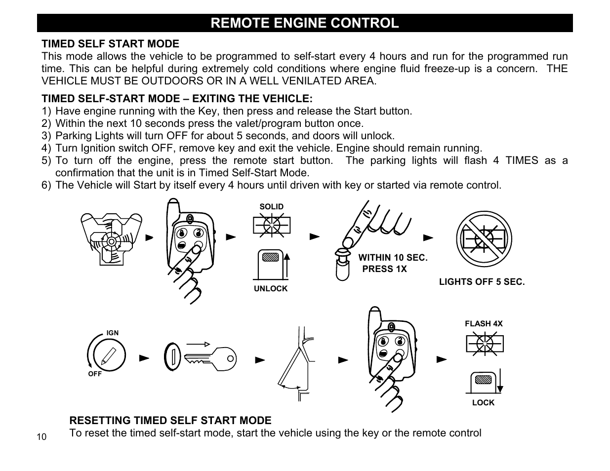 Timed self start mode, Timed self-start mode – exiting the vehicle, Resetting timed self start mode | Remote engine control | Crimestopper Security Products Series IV Super Rage CS-2011RS User Manual | Page 10 / 16