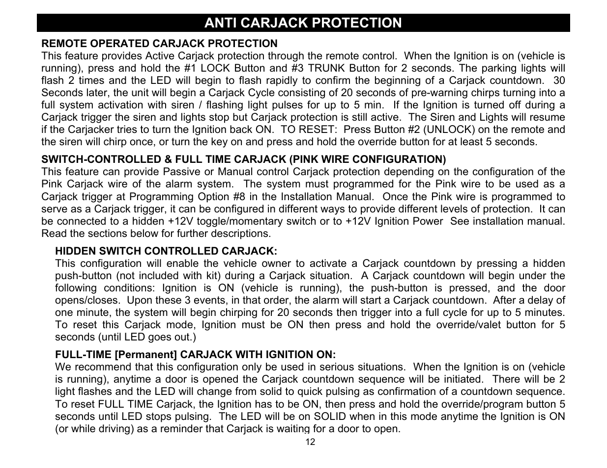 Remote operated carjack protection, Anti carjack protection | Crimestopper Security Products Series IV Super Rage CS-2011RS User Manual | Page 12 / 16