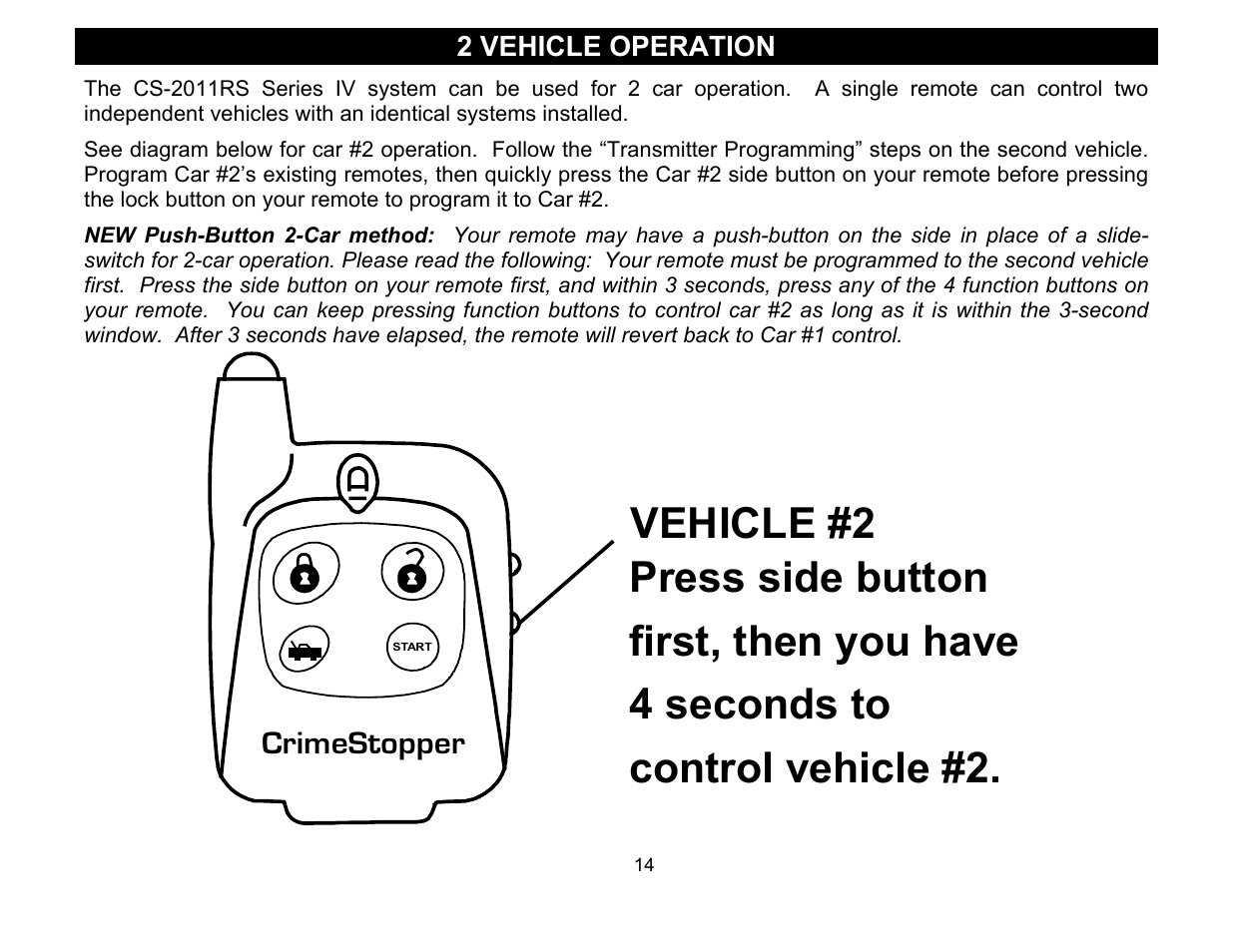2 vehicle operation, Crimestopper | Crimestopper Security Products Series IV Super Rage CS-2011RS User Manual | Page 14 / 16