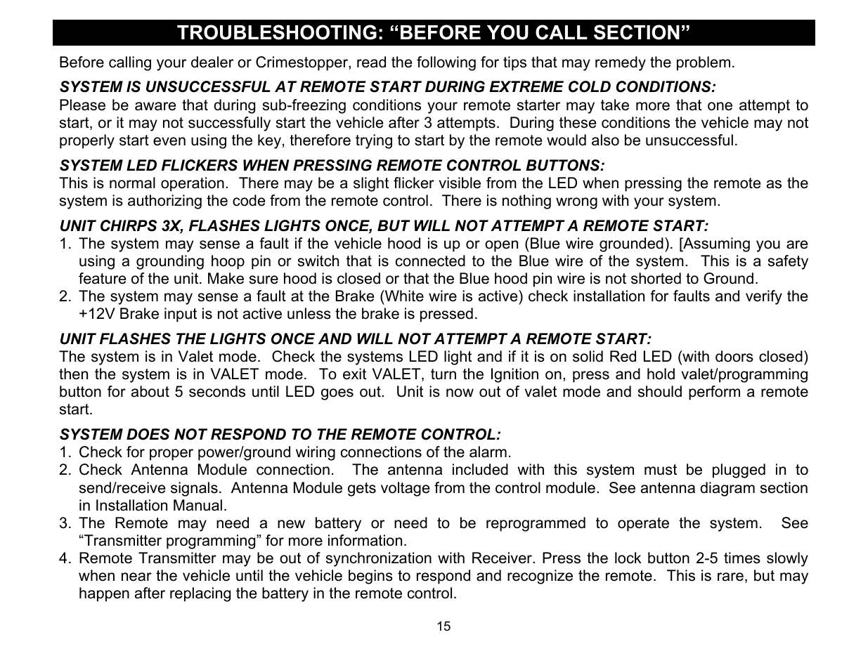 Troubleshooting: “before you call section | Crimestopper Security Products Series IV Super Rage CS-2011RS User Manual | Page 15 / 16